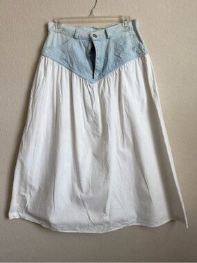 Vintage Kayo of California Denim Yoke Prairie Midi Skirt Size 13 White Blue